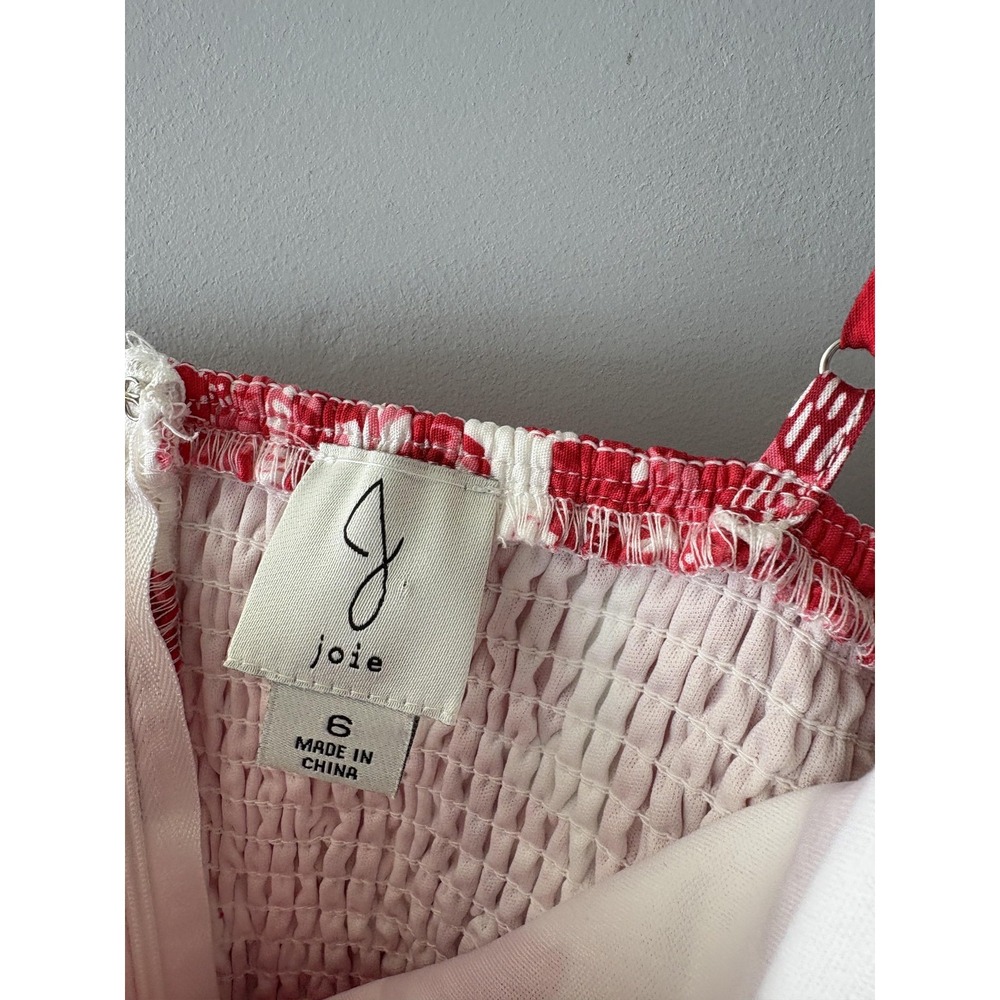 Joie Dress Womens 6 Red White Floral Smocked Square Neck Belted Sundress - Picture 2 of 6